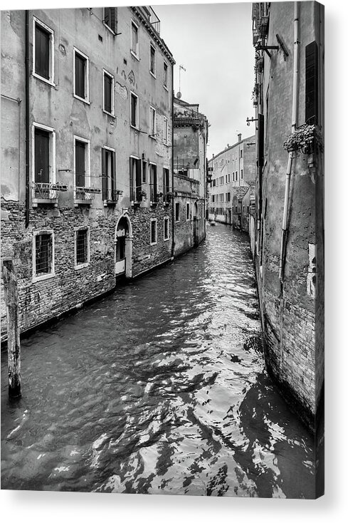 Venice Acrylic Print featuring the photograph Venice Canal in Black and White by Georgia Clare