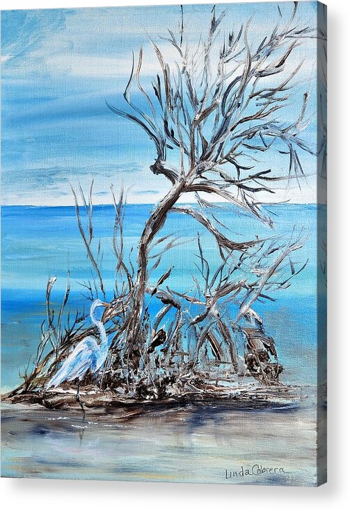 Egret Acrylic Print featuring the painting Driftwood Landing by Linda Cabrera