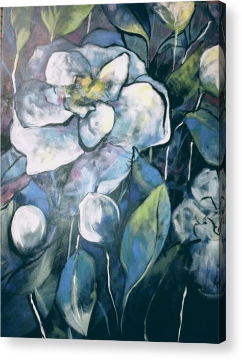 Gardenia Acrylic Print featuring the painting White Gardenia with Blue Leaves by Eleatta Diver