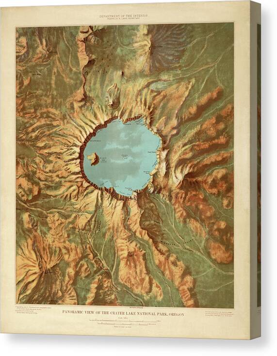 Crater Lake Canvas Print featuring the drawing Crater Lake National Park Map by the US Geological Survey - 1915 by Blue Monocle