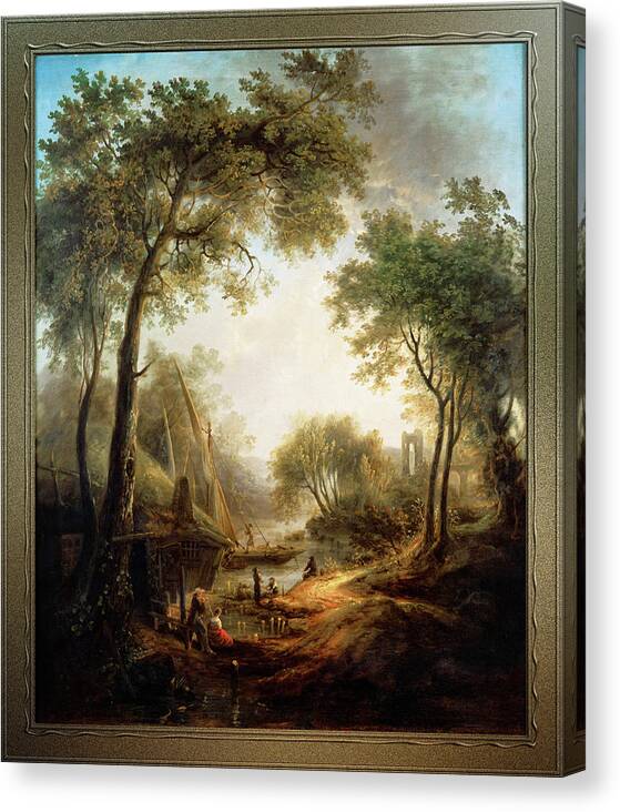Summer Landscape Canvas Print featuring the painting Summer Landscape with Water and Tall Trees by Elias Martin by Xzendor7
