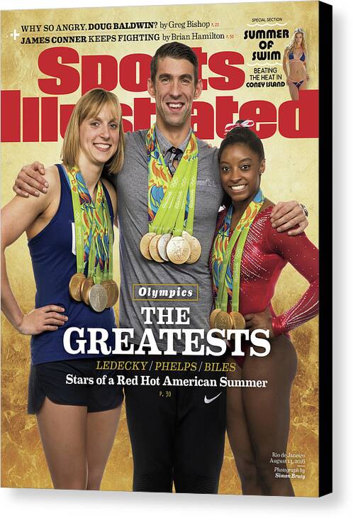 Magazine Cover Canvas Print featuring the photograph The Greatests Ledecky Phelps Biles Sports Illustrated Cover by Sports Illustrated