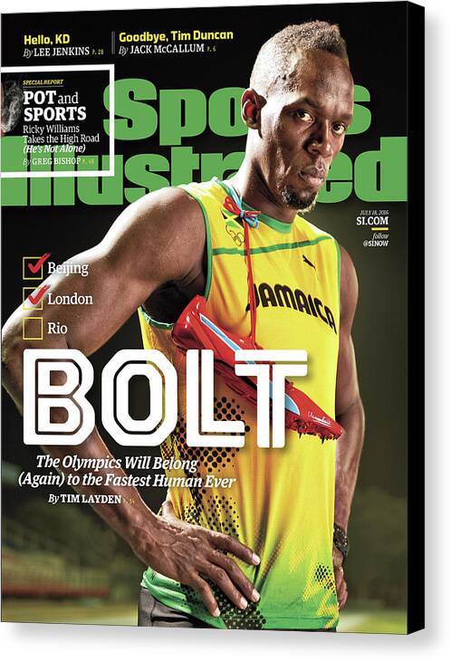 Magazine Cover Canvas Print featuring the photograph Bolt The Olympics Will Belong Again To The Fastest Human Sports Illustrated Cover by Sports Illustrated