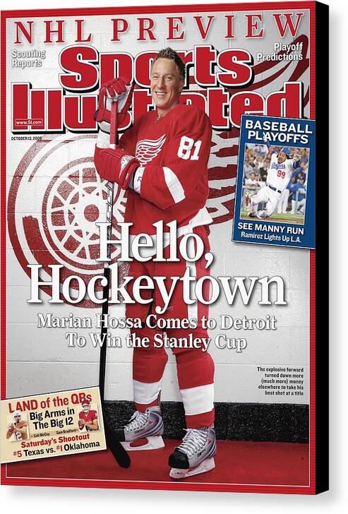 Magazine Cover Canvas Print featuring the photograph Detroit Red Wings Marian Hossa, 2008 Nhl Hockey Preview Sports Illustrated Cover by Sports Illustrated
