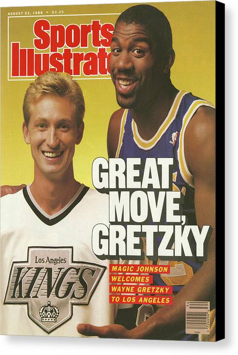 Magazine Cover Canvas Print featuring the photograph Great Move, Gretzky Magic Johnson Welcomes Wayne Gretzky To Sports Illustrated Cover by Sports Illustrated