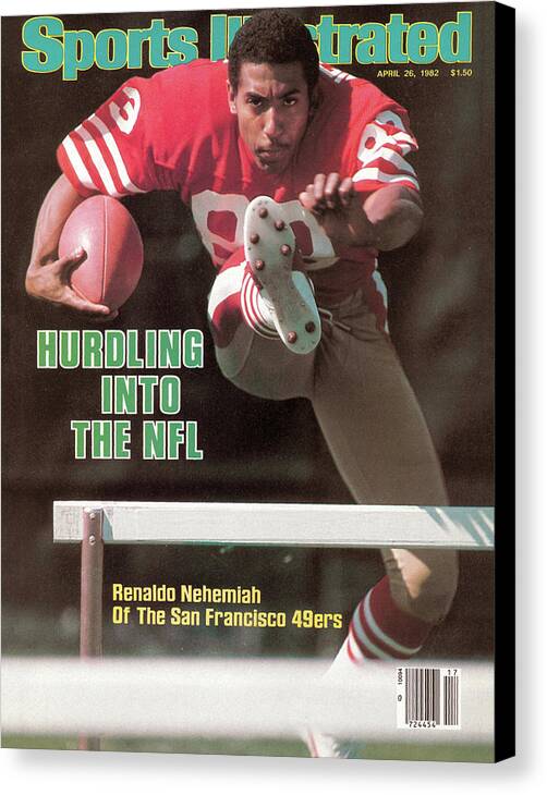 Candlestick Park Canvas Print featuring the photograph Hurdling Into The Nfl Renaldo Nehemiah Of The San Francisco Sports Illustrated Cover by Sports Illustrated