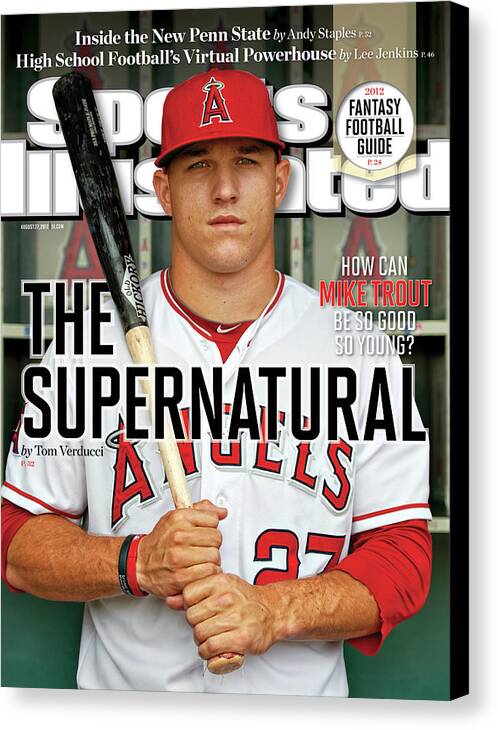 Magazine Cover Canvas Print featuring the photograph The Supernatural How Can Mike Trout Be So Good So Young Sports Illustrated Cover by Sports Illustrated