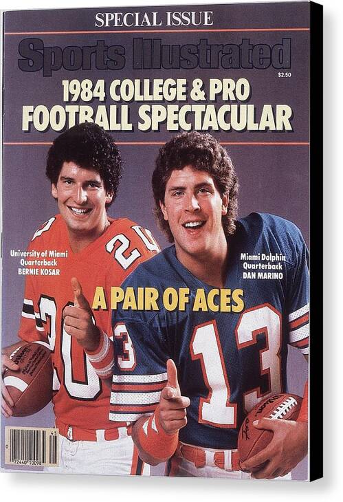 1980-1989 Canvas Print featuring the photograph University Of Miami Qb Bernie Kosar And Miami Dolphins Qb Sports Illustrated Cover by Sports Illustrated