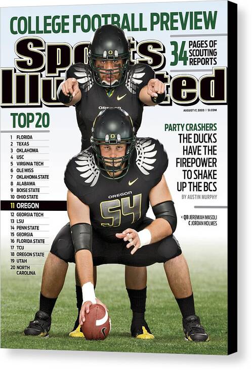 People Canvas Print featuring the photograph University Of Oregon Qb Jeremiah Masoli And Jordan Holmes Sports Illustrated Cover by Sports Illustrated