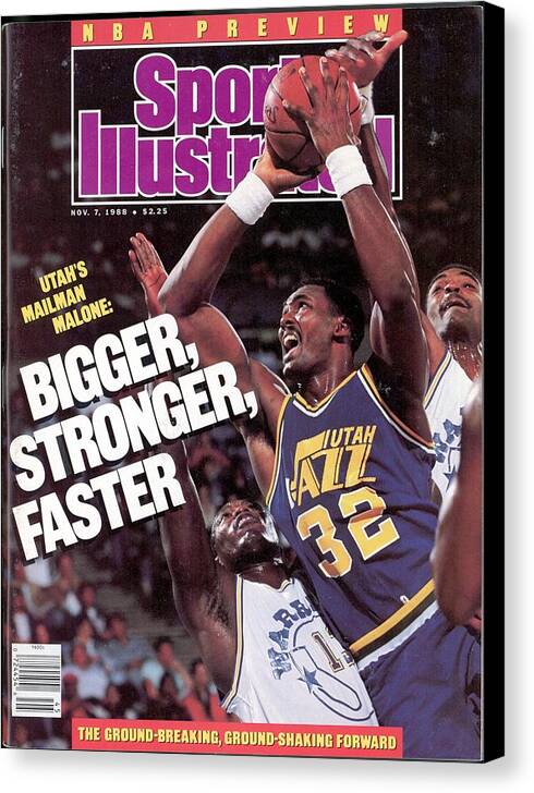 Ralph Sampson Canvas Print featuring the photograph Utah Jazz Karl Malone, 1988 Nba Baseball Preview Sports Illustrated Cover by Sports Illustrated