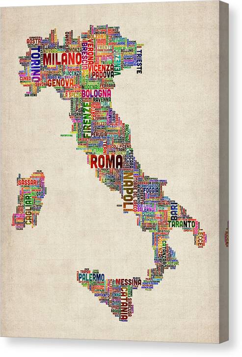 italy Map Canvas Print featuring the digital art Text Map of Italy Map by Michael Tompsett