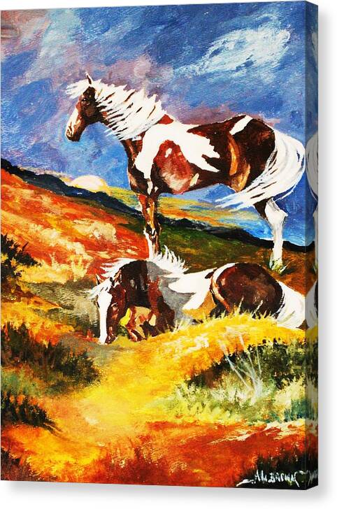Horeses Canvas Print featuring the painting Ponies at Sunset by Al Brown