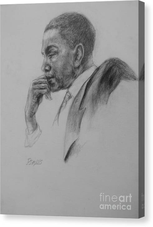 Profile Of The Thinker Canvas Print featuring the drawing Profile of President Barak Obama by Patrick Mills