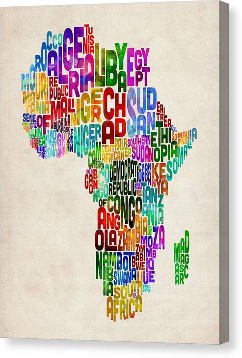 Africa Map Canvas Print featuring the digital art Typography Map of Africa by Michael Tompsett