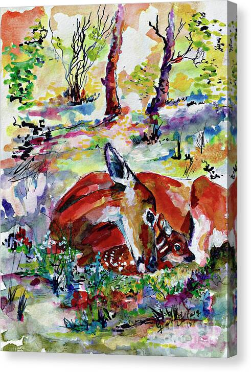 Forest Canvas Print featuring the painting Forest Doe and Fawn Whimsical Watercolor by Ginette Callaway