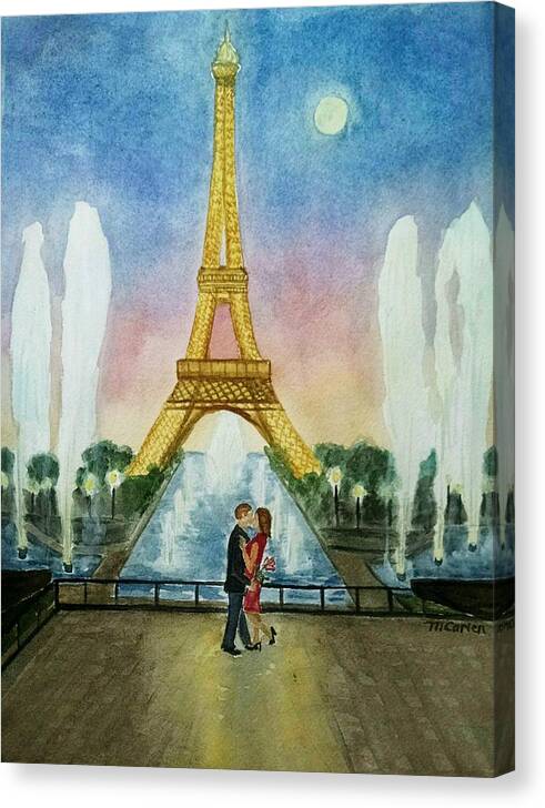 Paris Canvas Print featuring the painting Hearts Unite Under the Paris Moonlight by M Carlen