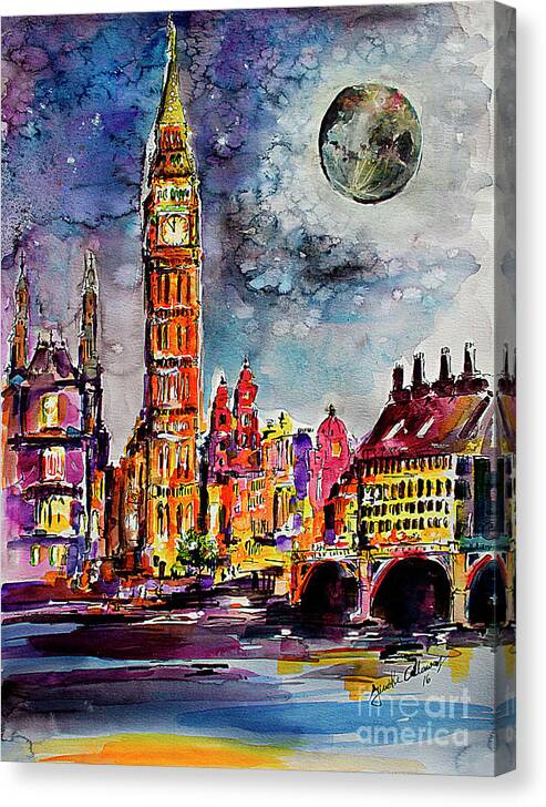 London Canvas Print featuring the painting London Big ben Tower Moon Sky by Ginette Callaway