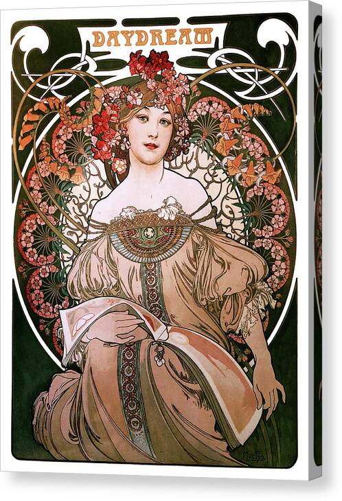 Daydream Canvas Print featuring the painting Daydream by Alphonse Mucha White Background by Xzendor7