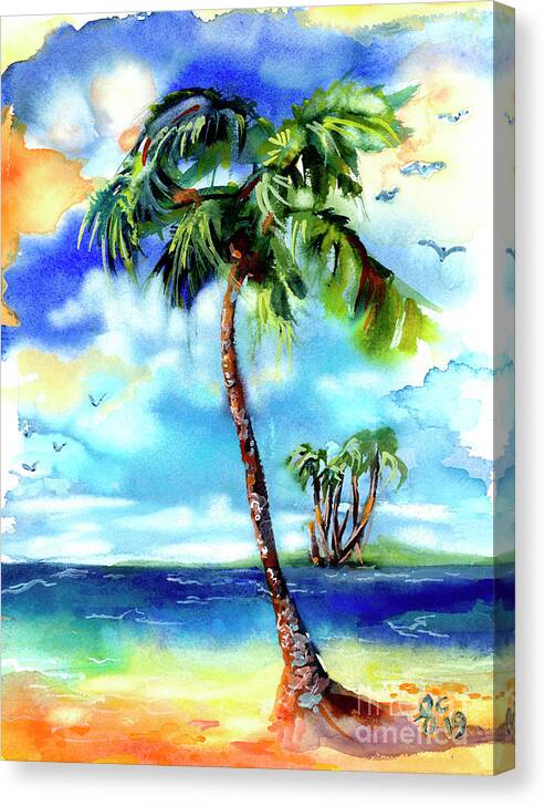 Island Paradise Canvas Print featuring the painting Island Solitude Palm Tree and Sunny Beach by Ginette Callaway