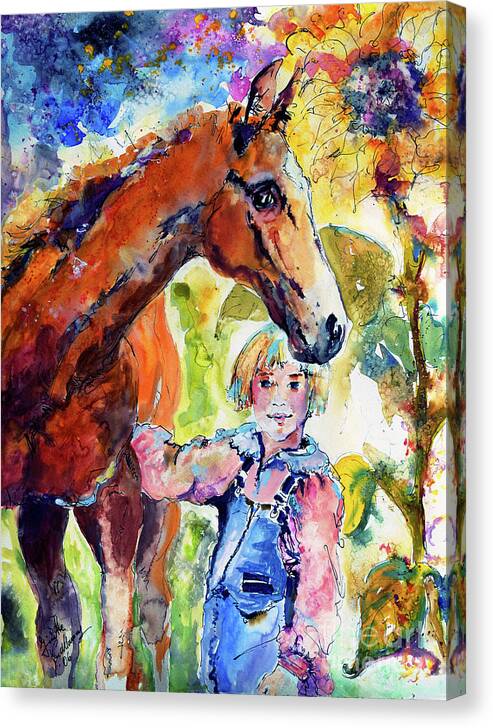 Horses Canvas Print featuring the painting Girl and Horse Watercolors vibrant colors by Ginette Callaway