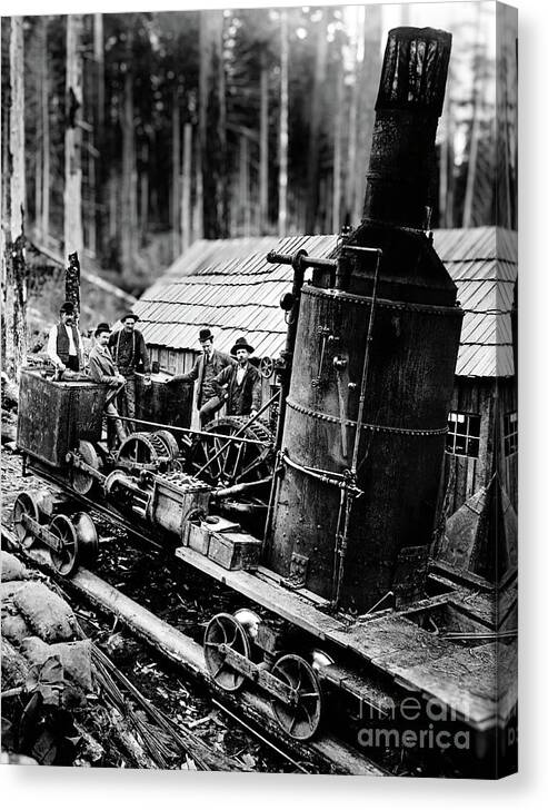 20th Century Canvas Print featuring the photograph Loggers And Steam Donkey by Joe Jeffers