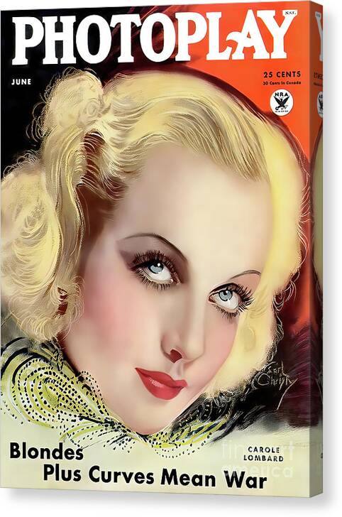 Photoplay Magazine Canvas Print featuring the photograph Photoplay Magazine 1934 with Carole Lombard by Carlos Diaz