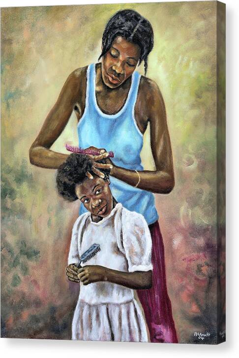 Girl Combing Hair Canvas Print featuring the painting Quality Time by Ewan McAnuff