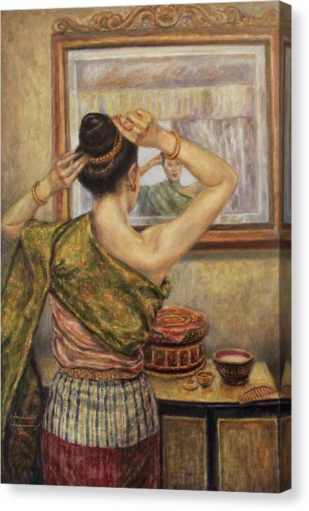 Lao Lady Canvas Print featuring the painting Gold Ornaments by Sompaseuth Chounlamany
