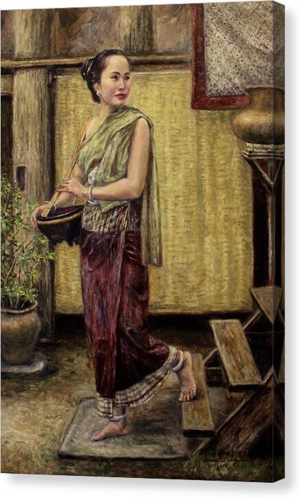 Lao Woman Canvas Print featuring the painting Young Woman Going to the Market by Sompaseuth Chounlamany