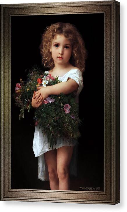Little Girl With Flowers Canvas Print featuring the painting Little Girl With Flowers by William-Adolphe Bouguereau by Xzendor7