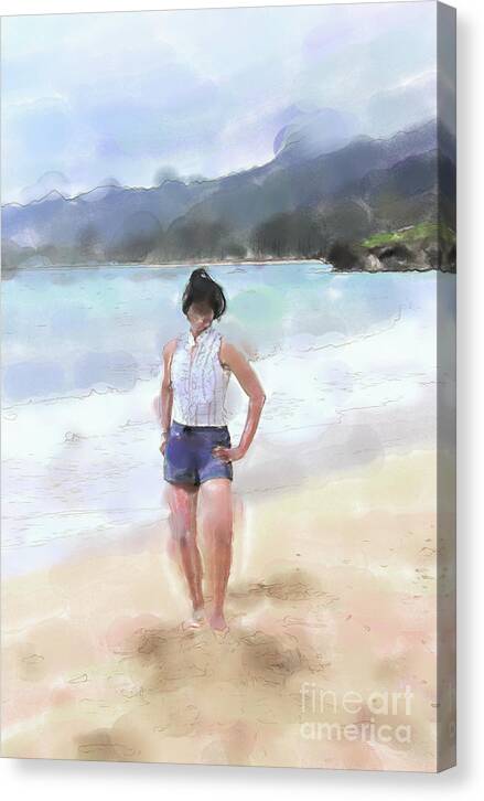 Beach Canvas Print featuring the digital art Woman on the Beach Watercolor by Tanya Owens