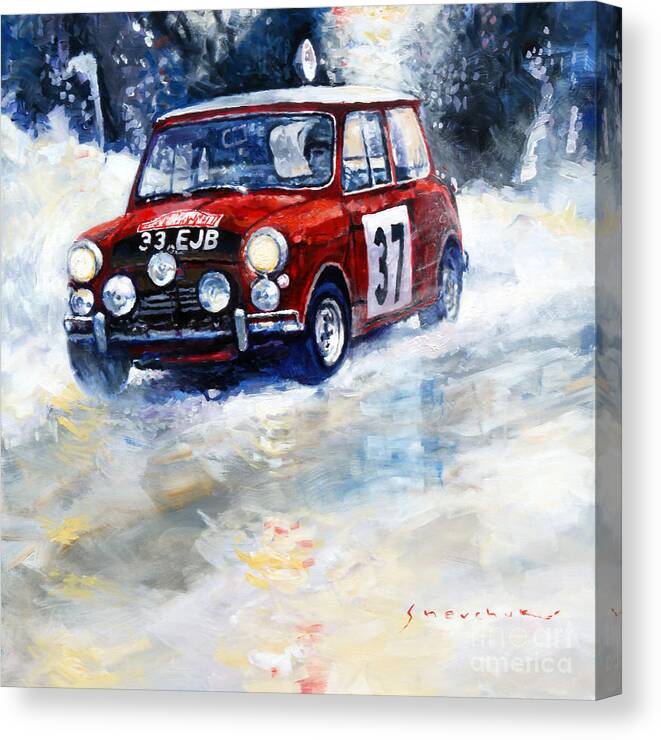 Oil Canvas Print featuring the painting 1964 Rallye Monte Carlo Mini Cooper S Hopkirk Liddon winner by Yuriy Shevchuk
