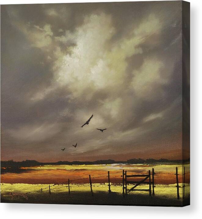 Contemporary Landscape; Orange And Gold; Billowing Clouds; Soaring Birds; Tom Shropshire Painting Canvas Print featuring the painting Harvest Gold by Tom Shropshire