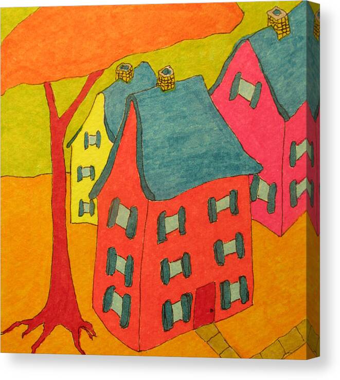 Hagood Canvas Print featuring the painting Orange Umbrella Tree And Three Homes by Lew Hagood