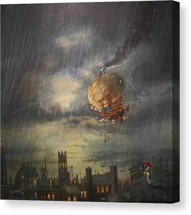 Steampunk Airship Canvas Print featuring the painting Airship In The Rain by Tom Shropshire