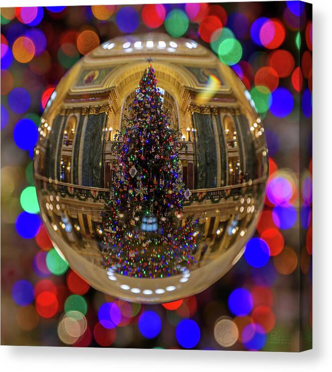 Christmas Tree Glass Sphere Crystal Decorations Lights Colors Wi Wisconsin State Capitol Rotunda Abstract Square Red Green Blue Holiday Yule Pillow Canvas Print featuring the photograph Crystal Christmas Tree - WI State Capitol Christmas Tree through Glass Globe by Peter Herman