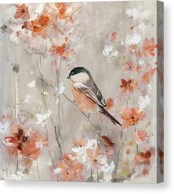 Bird Flowers Contemporary Coral White Gray Canvas Print featuring the painting Sitting Pretty 1 by Carol Robinson
