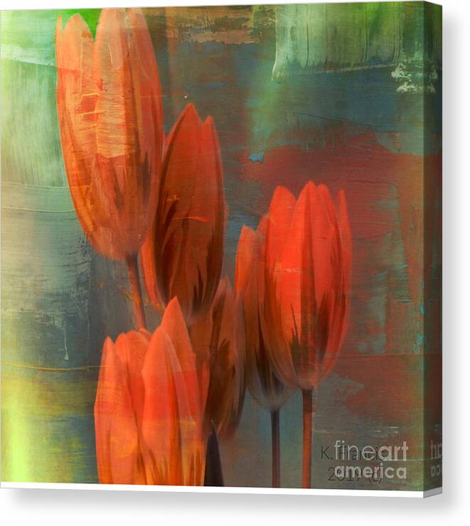 Wall Art Canvas Print featuring the digital art Tulips with Green Background by Karen Francis