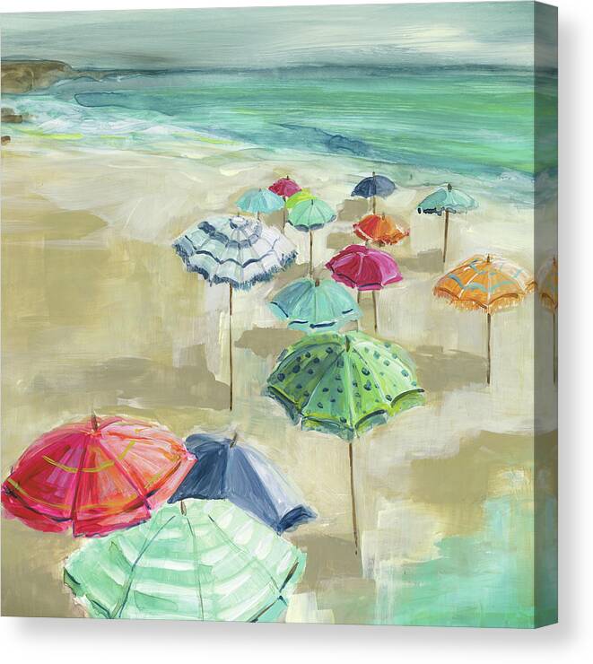Umbrellas Beach Teal Red Pink Seascape Canvas Print featuring the painting Umbrella Beach 1 by Carol Robinson