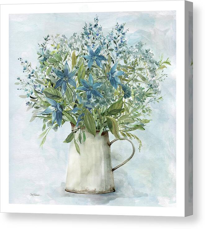 Multiple Blue Flowers Metal Enamel Pitcher Soft Teal Cobalt Green Floral Still Life Canvas Print featuring the painting Arrayed In Blue 1 by Carol Robinson