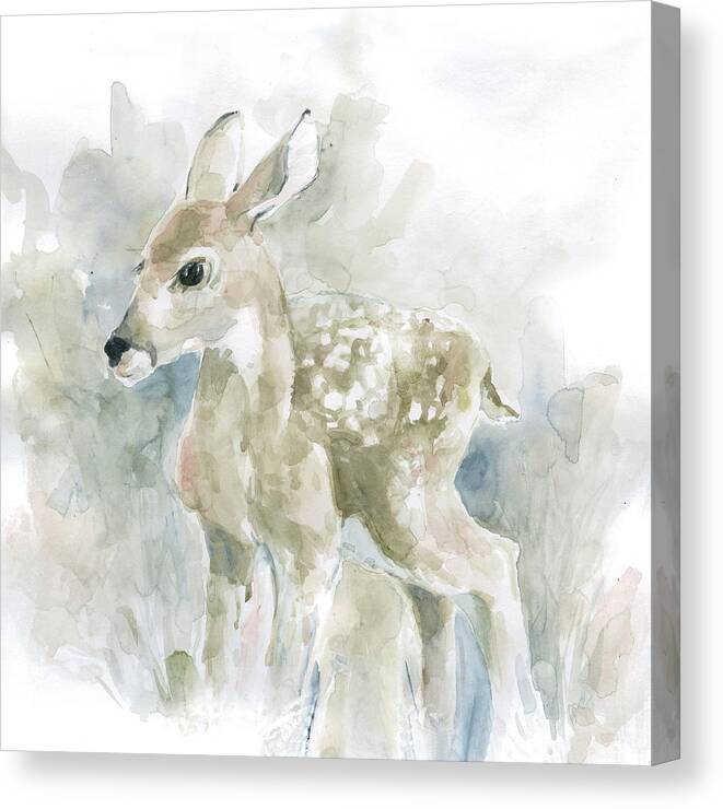 Watercolor Soft Blue Blush Neutral Deer Fawn Wildlife Baby Animal Canvas Print featuring the painting Garden Friends Deer by Carol Robinson