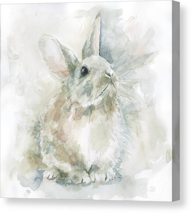 Watercolor Soft Blue Blush Neutral Rabbit Bunny Wildlife Baby Animal Canvas Print featuring the painting Garden Friends Rabbit by Carol Robinson