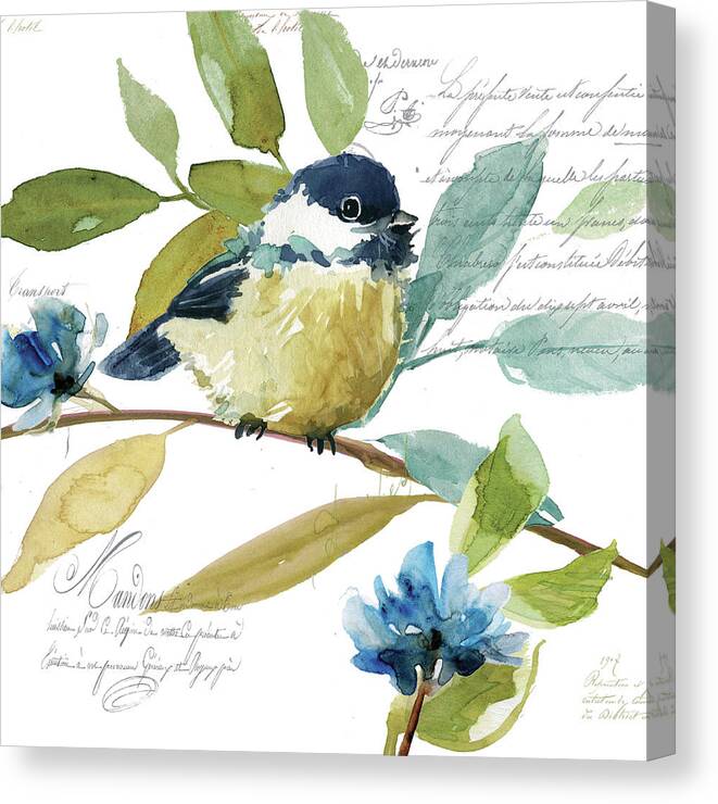 Blue Indigo Teal Green Yellow Watercolor Chickadee And Leaves Canvas Print featuring the painting Garden Sketchbook Chickadee by Carol Robinson