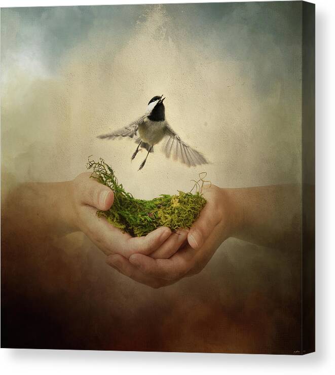 A Bird In The Hand Canvas Print featuring the photograph Leap of Faith Chickadee A Bird In The Hand by Jai Johnson