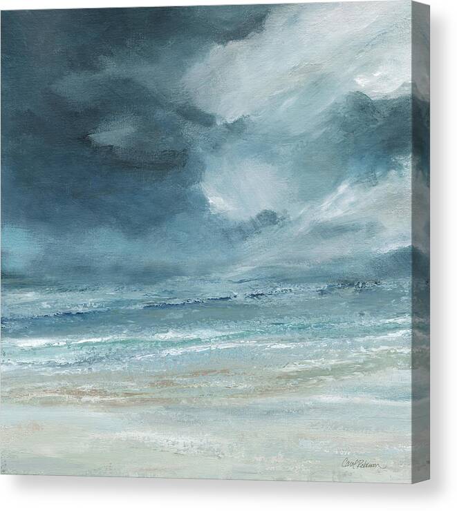 Blue Gray Tan White Cream Seascape Waves Beach Coastal Contemporary Sky And Cloudscape Canvas Print featuring the painting Lost Horizon by Carol Robinson