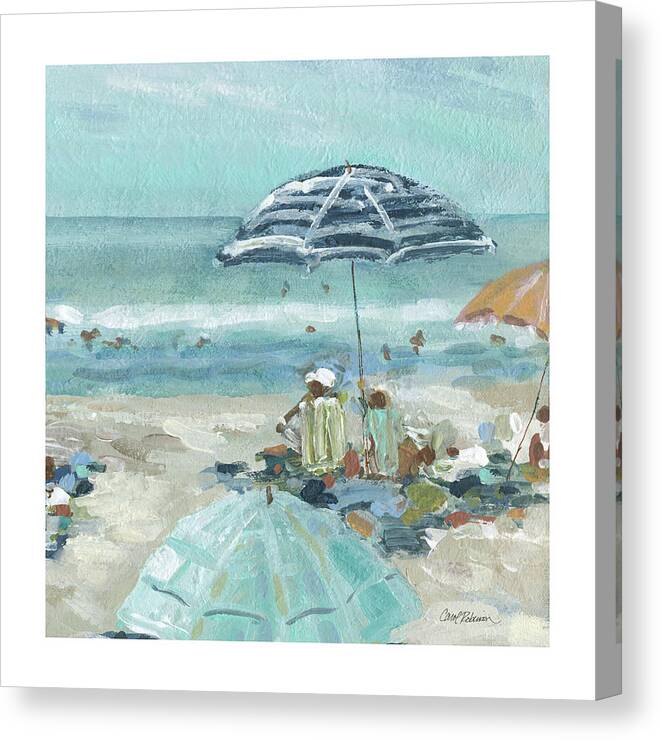 Teal Tan Blue Green Brick Red Beach Scene Contemporary Abstracted Impressionist Coastal Canvas Print featuring the painting Sunny Beachtime 2 by Carol Robinson