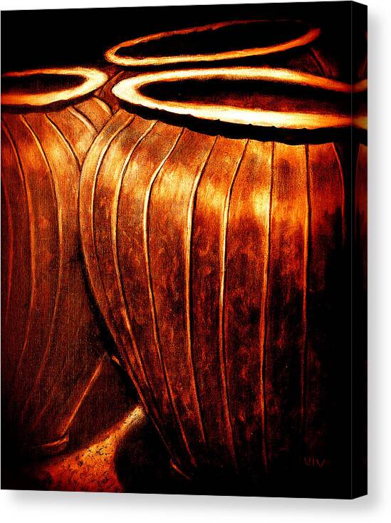 Viva Canvas Print featuring the painting Pinstripe Copper Pots by VIVA Anderson