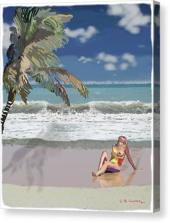 Digital Watercolor Canvas Print featuring the photograph Painted Nude on Beach by R B Harper