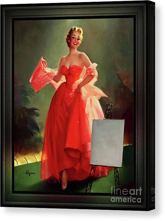 Runway Model Canvas Print featuring the painting Runway Model In A Pink Dress by Gil Elvgren Pin-up Girl Wall Decor Artwork by Rolando Burbon