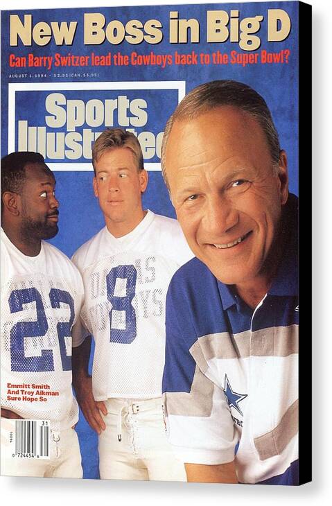 Magazine Cover Canvas Print featuring the photograph Dallas Cowboys Coach Barry Switzer, Qb Troy Aikman, And Sports Illustrated Cover by Sports Illustrated